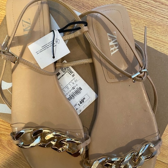 ZARA WOMEN CHAIN TRIM LOW HEELED SANDALS Beige SIZE US9/40 NEW With TAGS - Picture 2 of 9